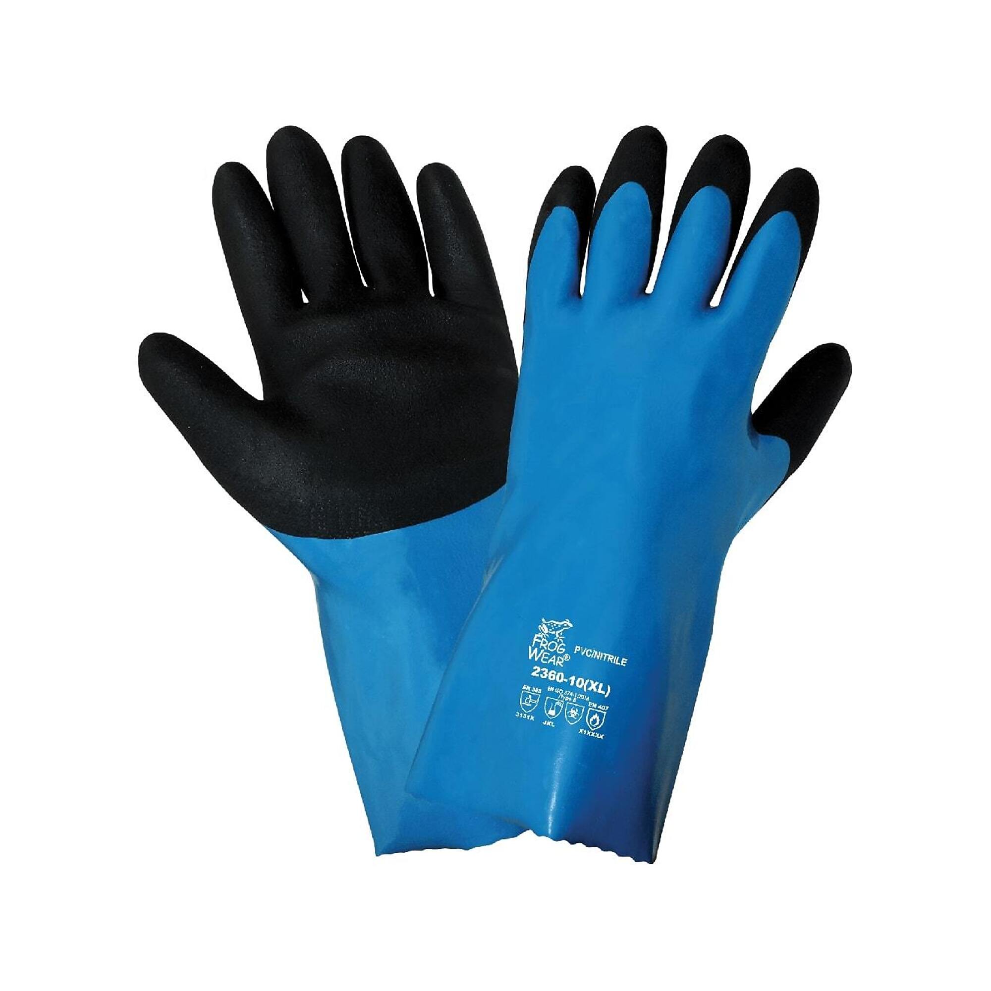 FrogWear, 12in. Nit/PVC Waterproof, Chemical Handling Gloves- 12 Pairs, Size M, Color Blue/Black, Model# 2360-8(M)